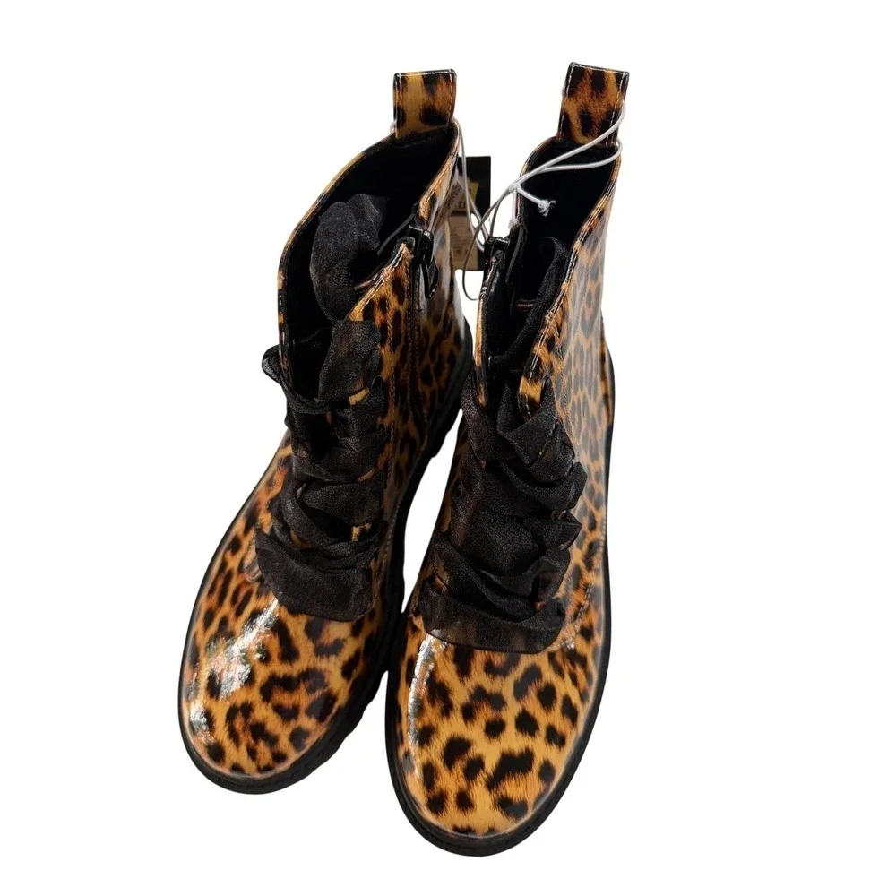 Art Class Kayden Leopard Print Combat Boots Tan Black Lug Sole Kids Size 5
